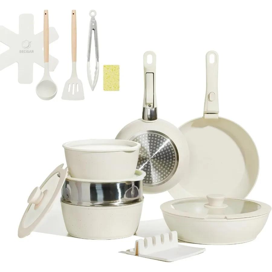 

21PCS Nonstick Ceramic Pots and Pans, Ceramic Cookware with Detachable Handle, RV Kitchen Cookware Set, Cookware Set with Remova