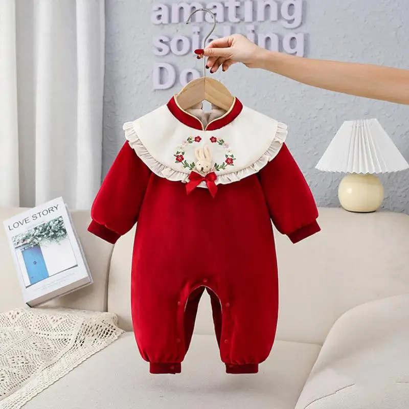 2024 Autumn Winter New Flower Rabbit Baby Girl Jumpsuit Newborn Long Sleeves Jumpsuits Birthday Party Children Girls Rompers