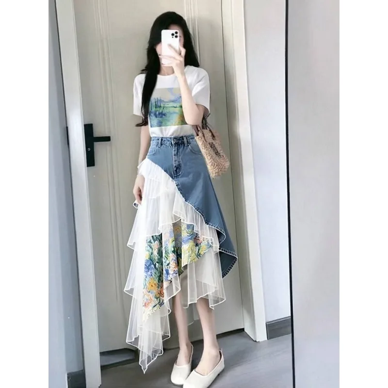 Huge Good-looking Summer Clothes, A Complete Set of Women's Fashion Fried Street Xiaoxiangfeng Printed T-shirt Skirt, Two Pieces