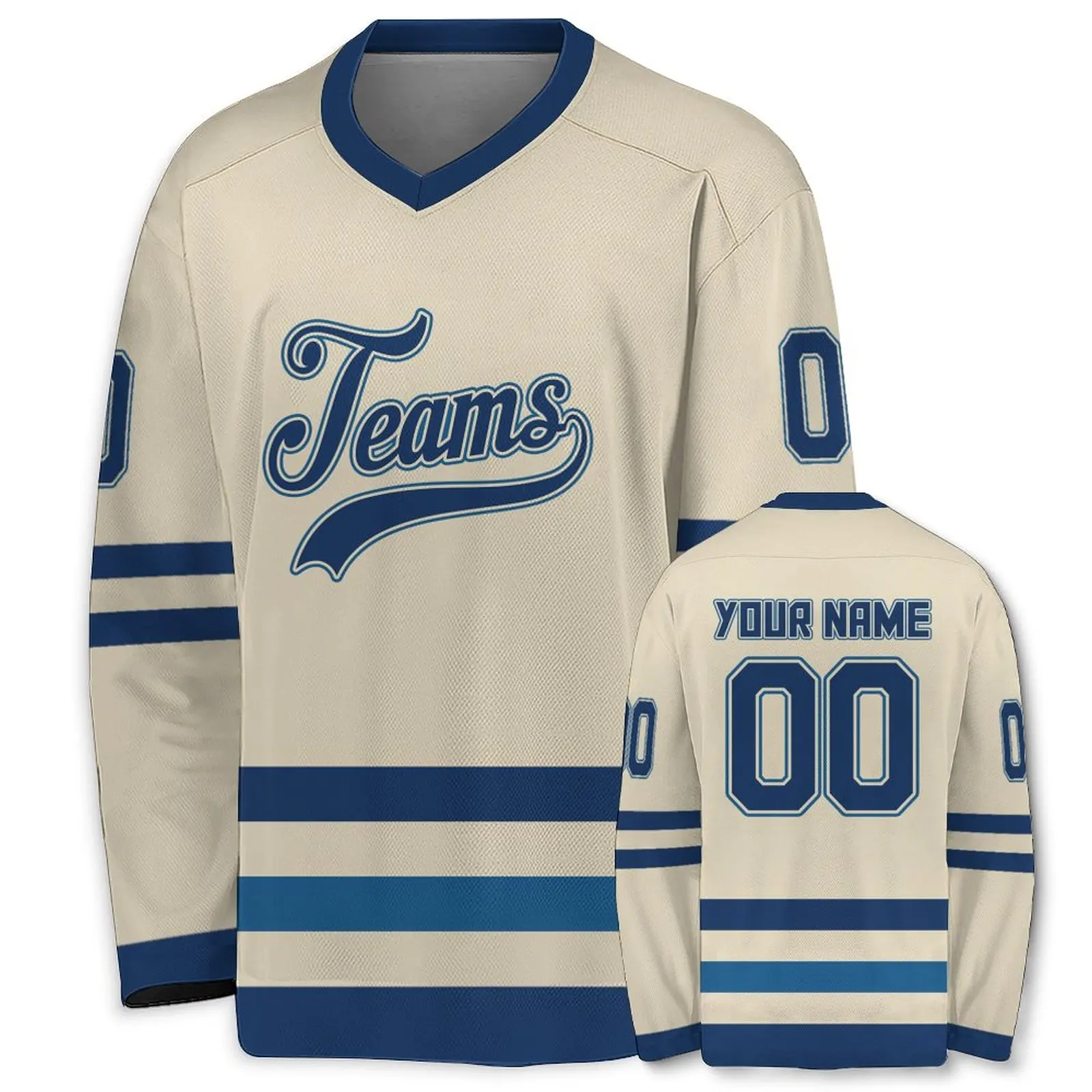 Custom Cream Navy Hockey Jersey Personalized Team Name Number V-Neck Sports Jerseys Men Women Youth Kids Training Uniform