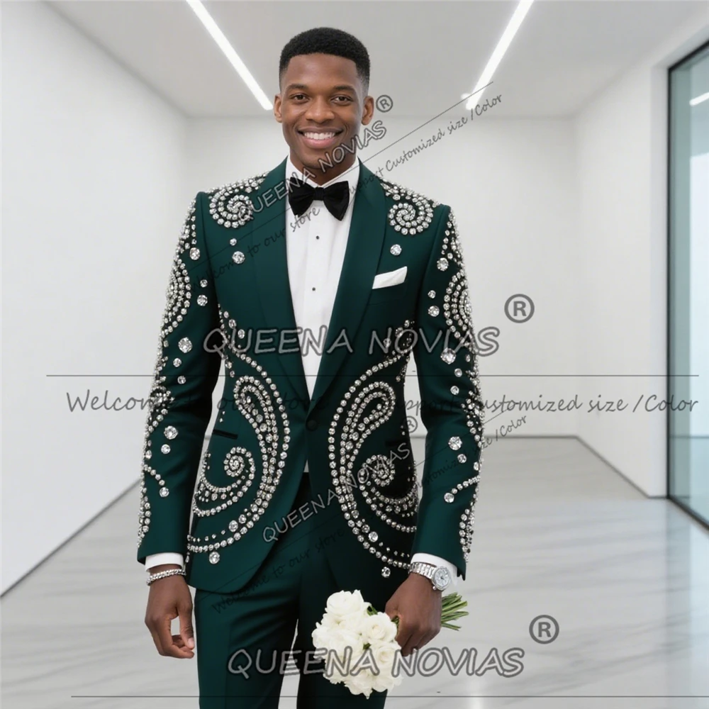 بدلة فاخرة مطرزة بالكريستال الفضي للرجال لحفلات الزفاف مخصصة واحدة الصدر للحفلات الراقصة بدلة زفاف العريس زي أوم