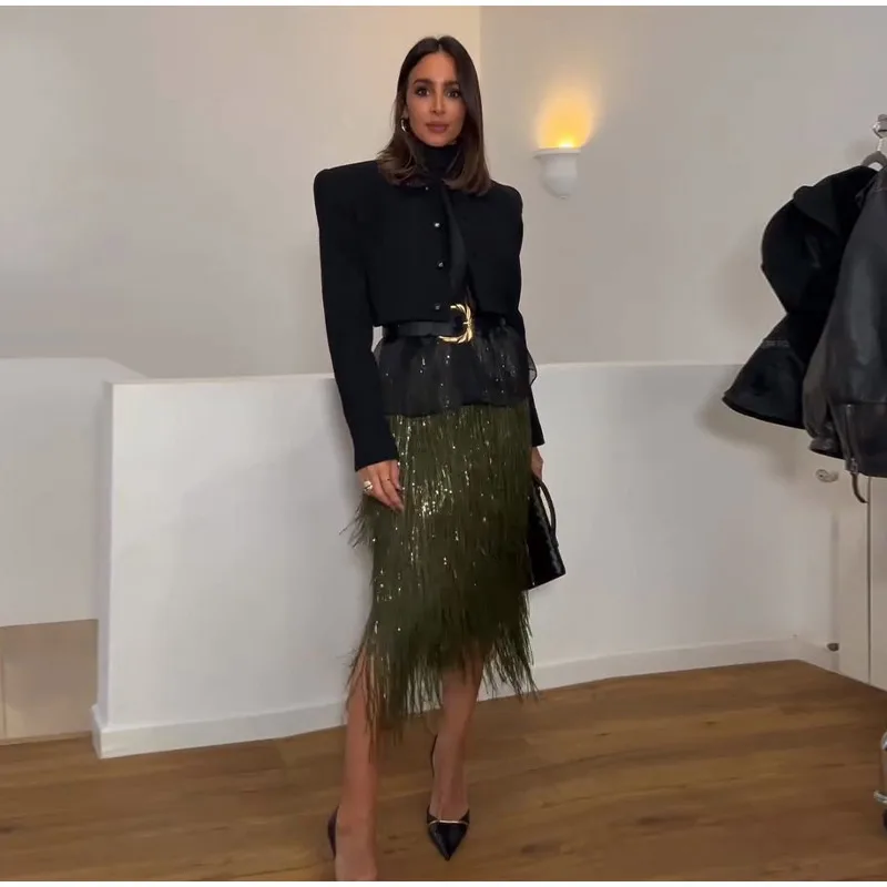 Women's Olive Green Sequin Fringe Midi Skirt Sparkly Tassel Party Skirt for Evening Clubwear 2025 Festival New Sexy Lady Skirts