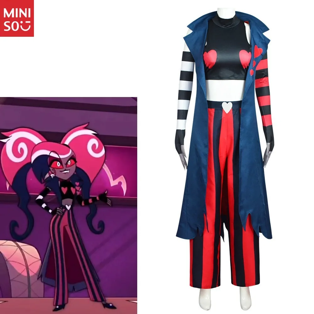 Set di costumi cosplay personaggio dei cartoni animati - Cappotto lungo alla moda con maniche a righe Hazbin Hotel Hell Inn Cos Costume cosplay in velluto