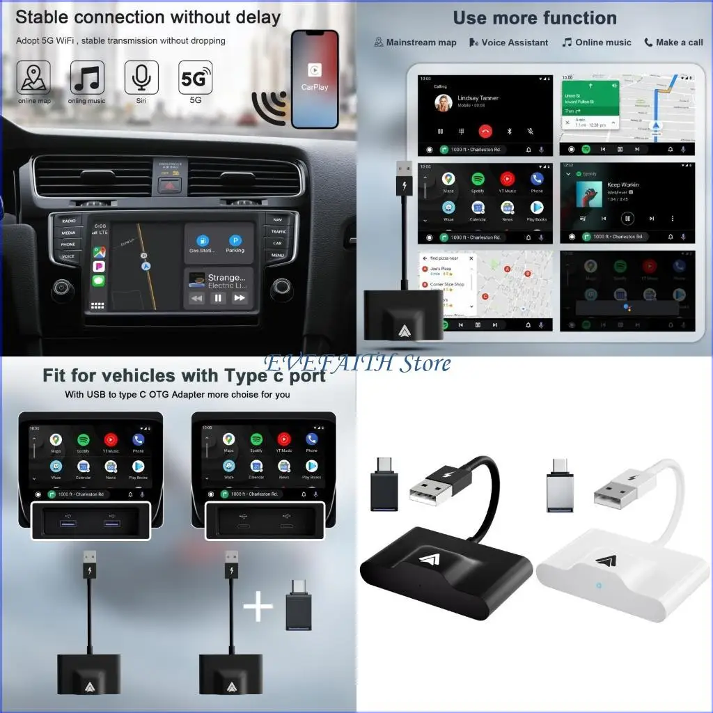 

124B CarPlay Dongle Car Screen 2.4GHz/5GHz Wireless for Youtube-Casting Voice Control