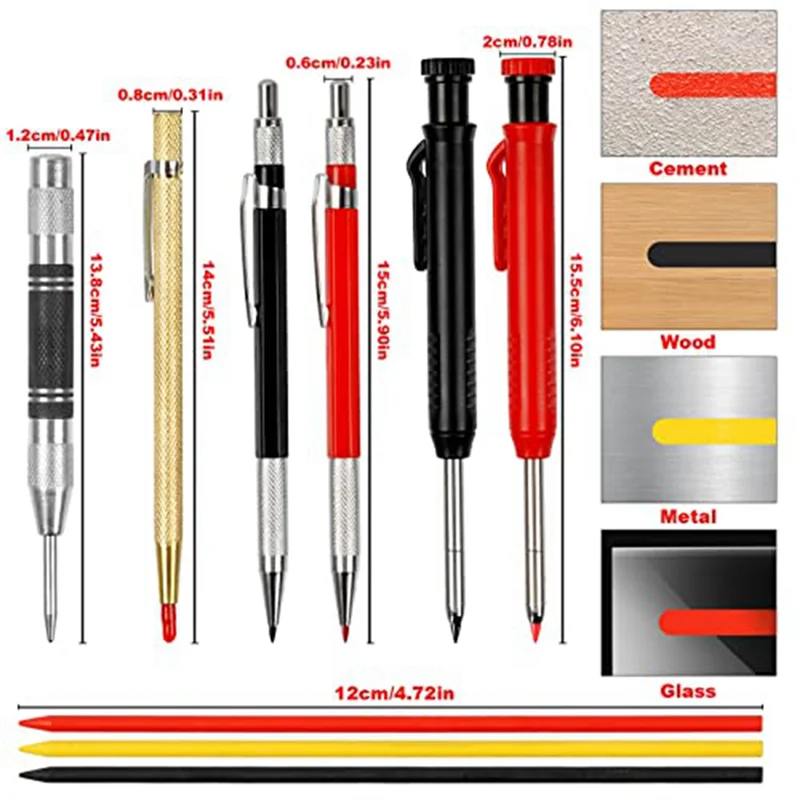 10 Pack Carpenter Pencil with Sharpener, Mechanical Carpenter Pencils Set with 36 Refills, Deep Hole Marker