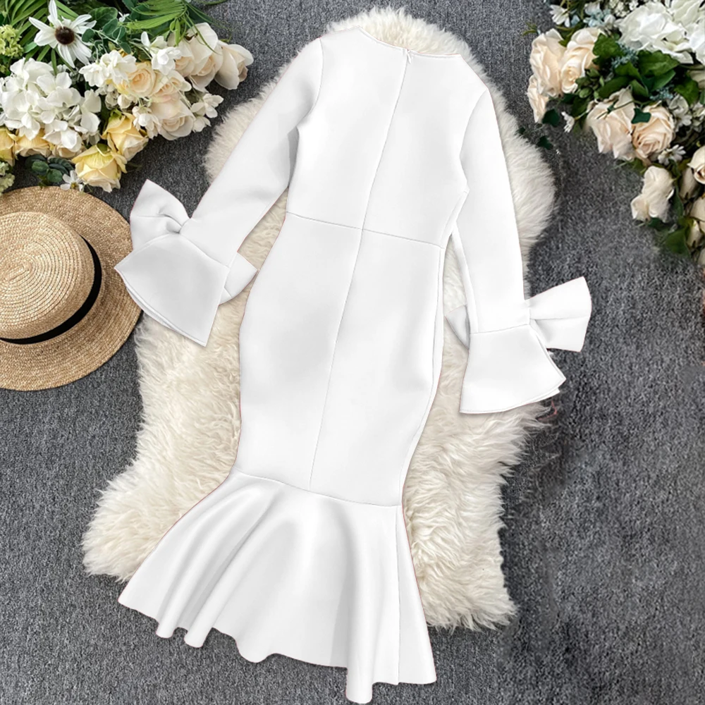 Women Bodycon Party Dress Hollow Out Shoulder Ruffles Long Sleeves with Bowtie Elegant Slim Evening Dating Robes Female Tunics