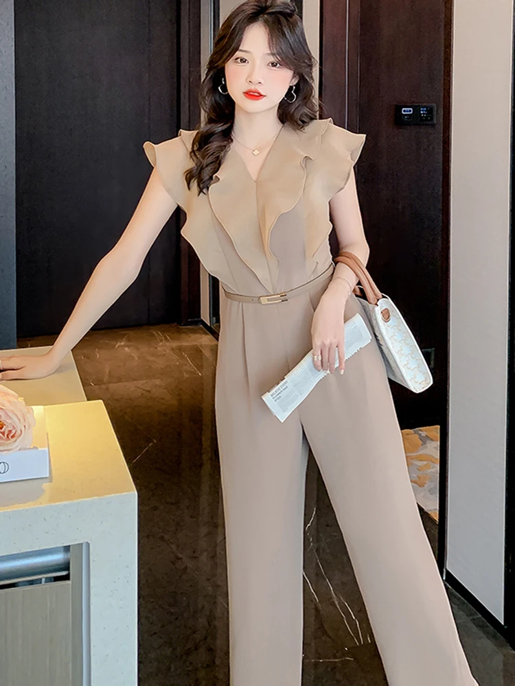 2024 New Korean Summer Ruffles Sleeveless Elegant Business Jumpsuits For Women Office OL Slim Wiast Belt Long Rompers