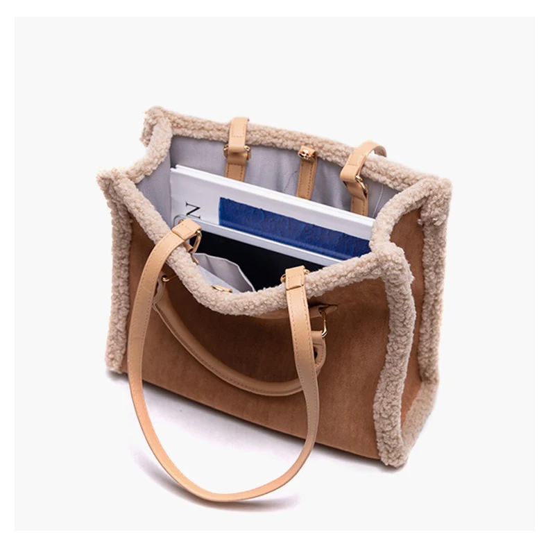 Faux Fur Luxury Designer Handbags For Women 2023 The New High Quality Imitation Lamb Wool Vintage Patchwork Suede Shoulder Bag