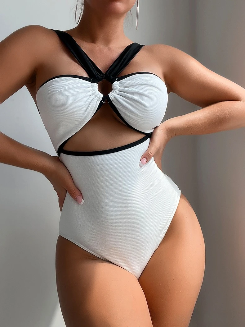 2025 nova moda de uma peça cor sólida com tiras sexy bralette biquíni maiô para praia