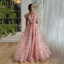 JEHETH Floral Print Prom Dresses Short Puff Sleeves Pink A-Line Floor Length Tulle Pastrol Party Gowns Formal Occasions Dress