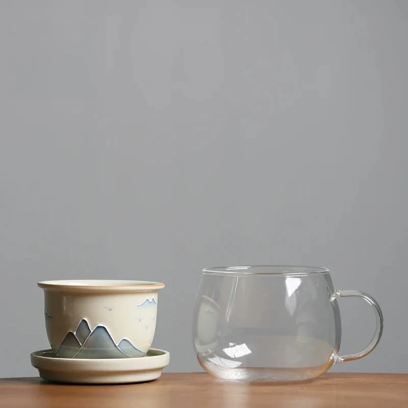 Hand Painted Landscape Tea Infuser Glass Mug with Plant Ash Ceramic Liner - Elegant Office Drinking Cup with Strainer Filter