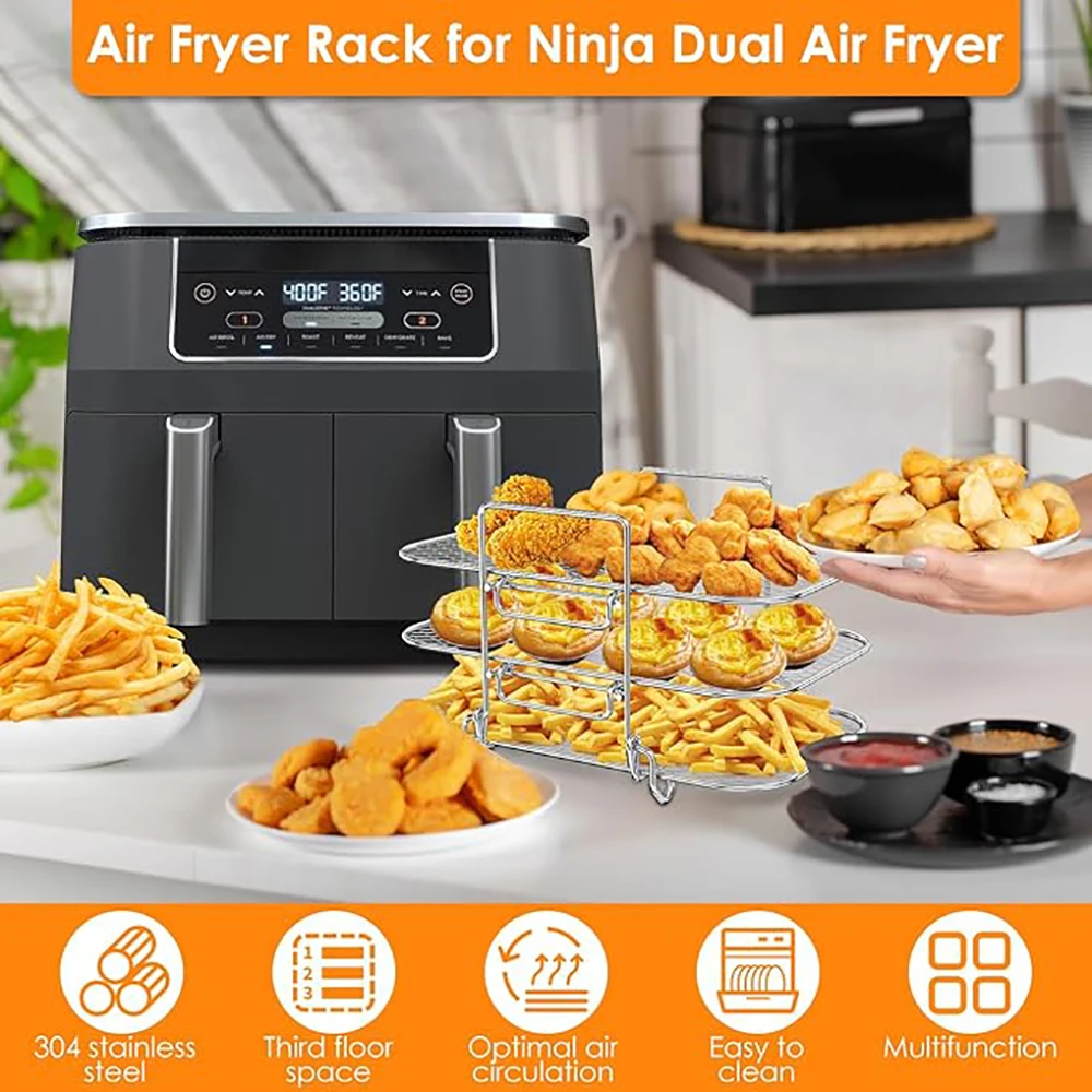 3-Layer Air Fryer Rack Stainless Steel BBQ Grilling Rack Stackable Steamer Racks For Ninja Double Basket Air Fryer Baking Tools