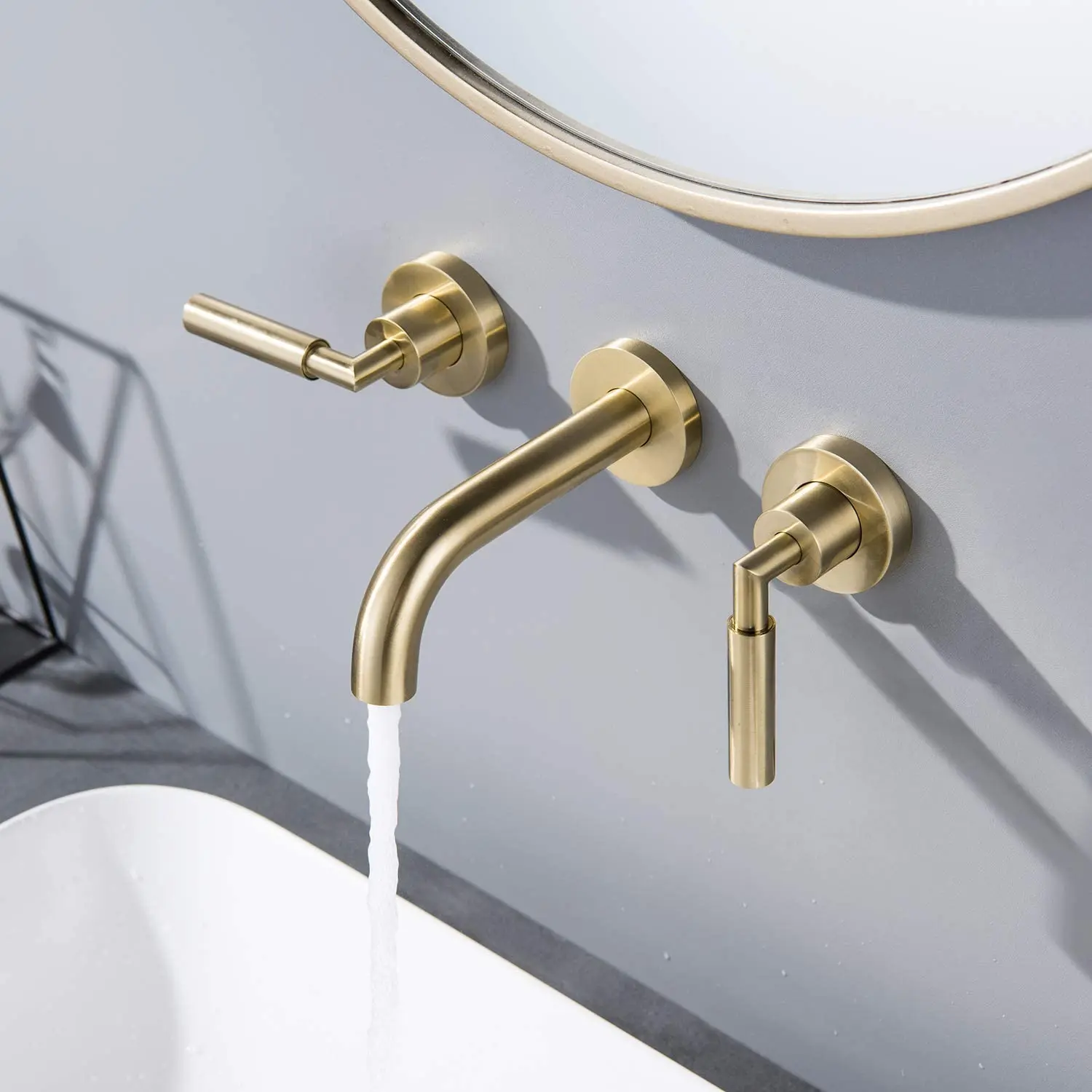 

Brushed Gold Wall Mounted Bathroom Faucets Matte Black Double Handles Basin Faucet Hot & Cold Water Mixer Luxury Vanity Tap