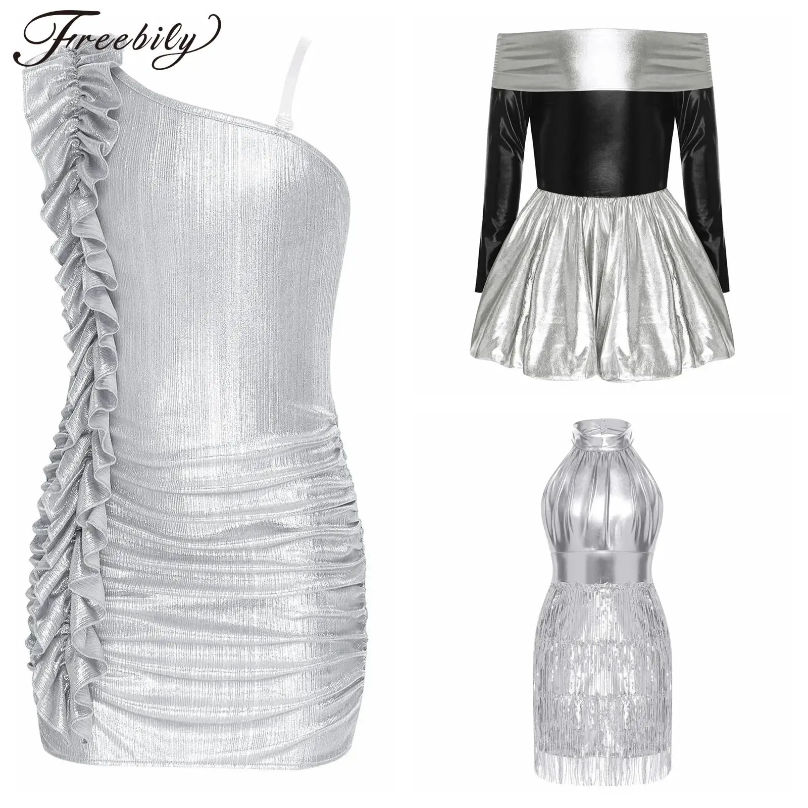 

Girls Metallic Sparkly Disco Jazz Dance Costumes Bodycon Dress Streetwear Stage Performance Music Festival Birthday Party Gown