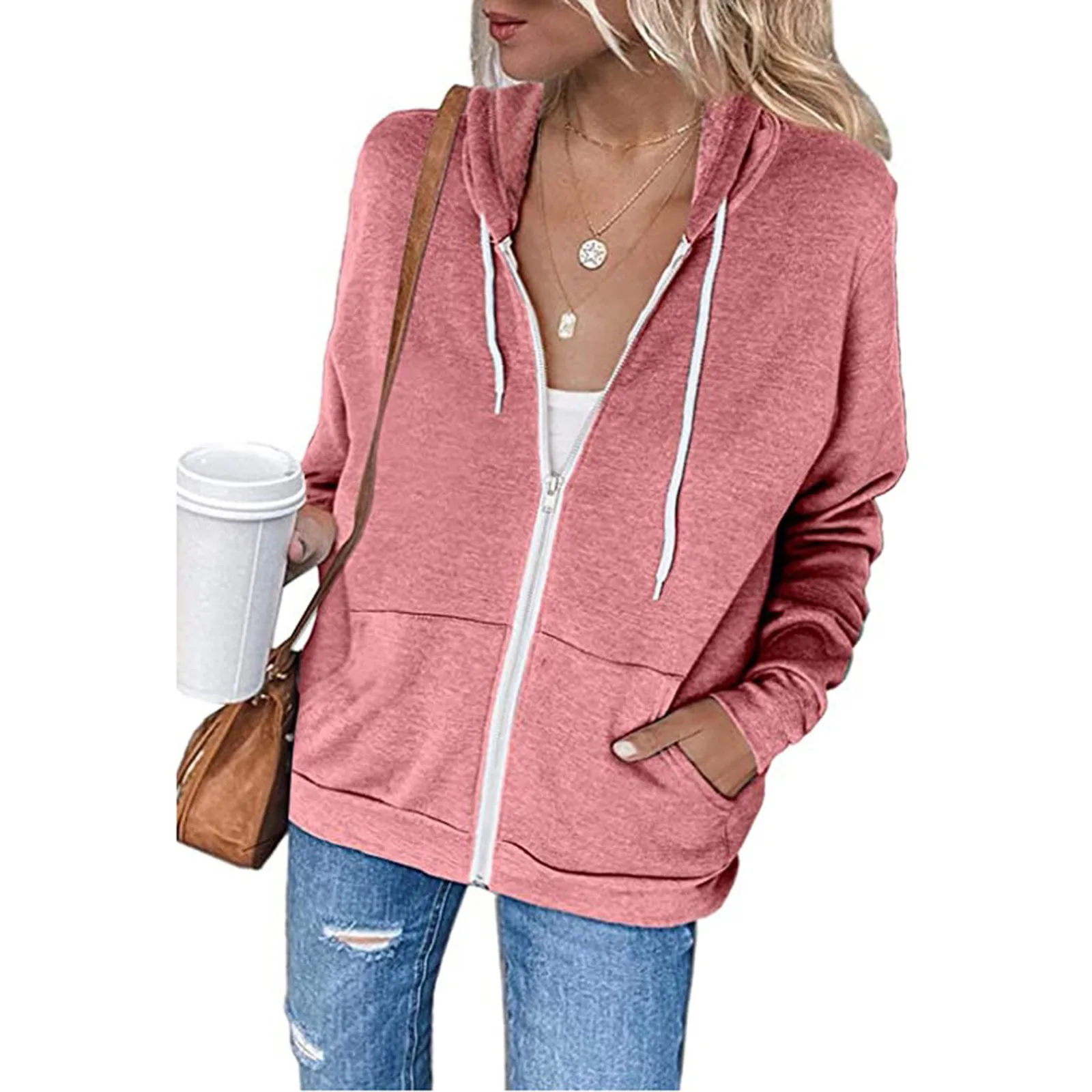 Hoodies women 2026 casual solid-color long-sleeved pocket drawstring hooded zipper women's cardigan women's clothing