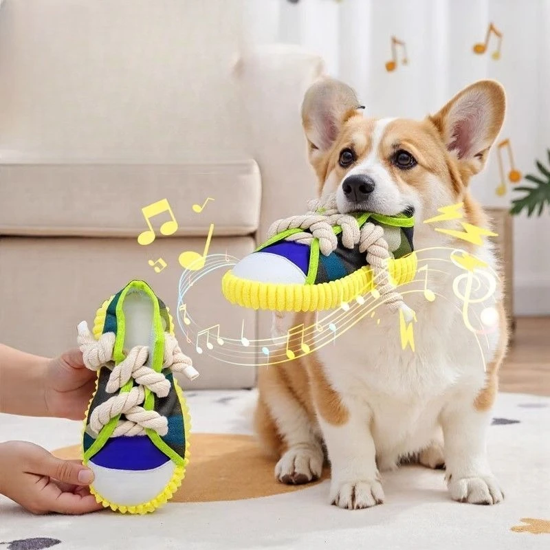 Hunde-Quietschspielzeug, Zahnreinigungs-Kauspielzeug in Pantoffelform, Bissresistentes Welpenspielzeug mit Baumwollseil, Hunde-Kauspielzeug