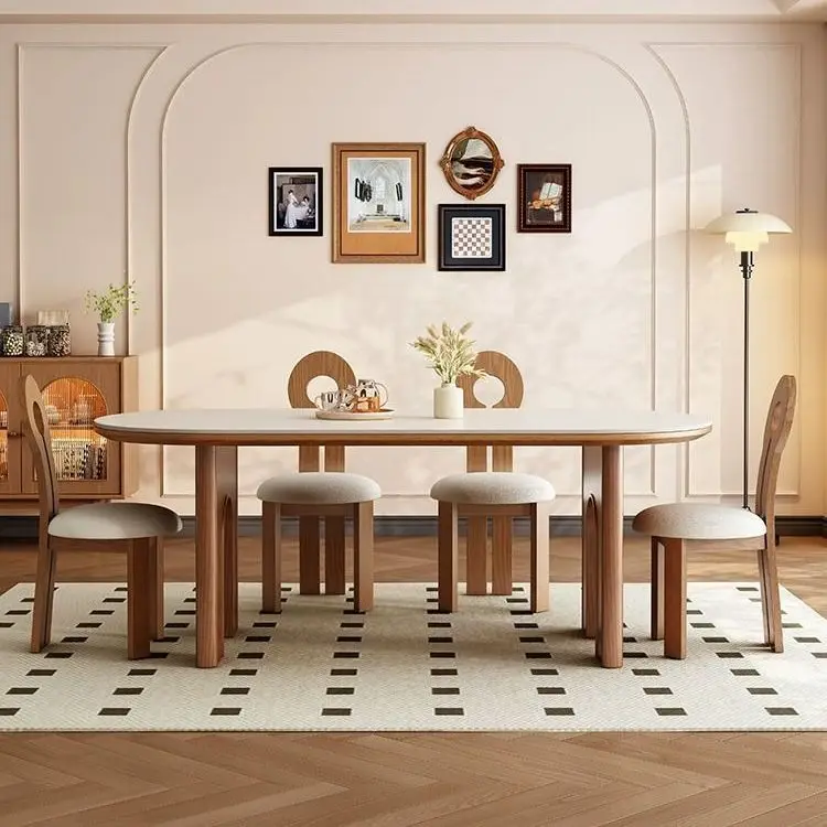 

Retro rock slab dining table and chairs, high-end antique solid wood ash household French oval dining table