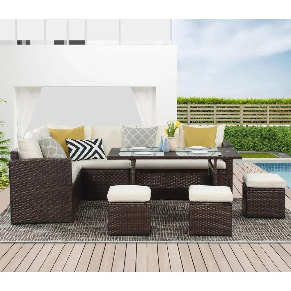 Xmsj Gartenmöbel Set 7 Stück, Tisch und Rattan Schnitts tuhl Sofa, Allwetter Korb Set mit Ottomane, Gartenmöbel Set