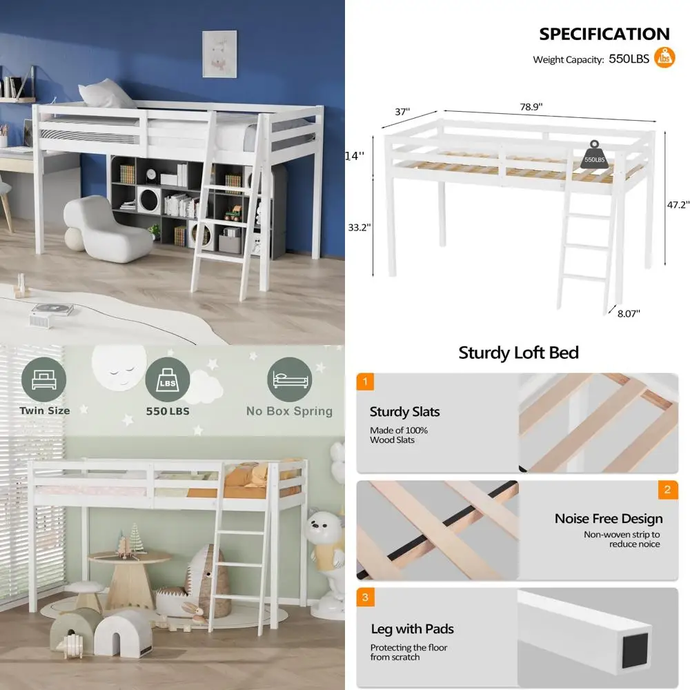 سرير صغير بطول 47 بوصة مع سلالم، خشب أبيض مقاس مزدوج للبالغين والأطفال والمراهقين، لا حاجة إلى صندوق زنبركي