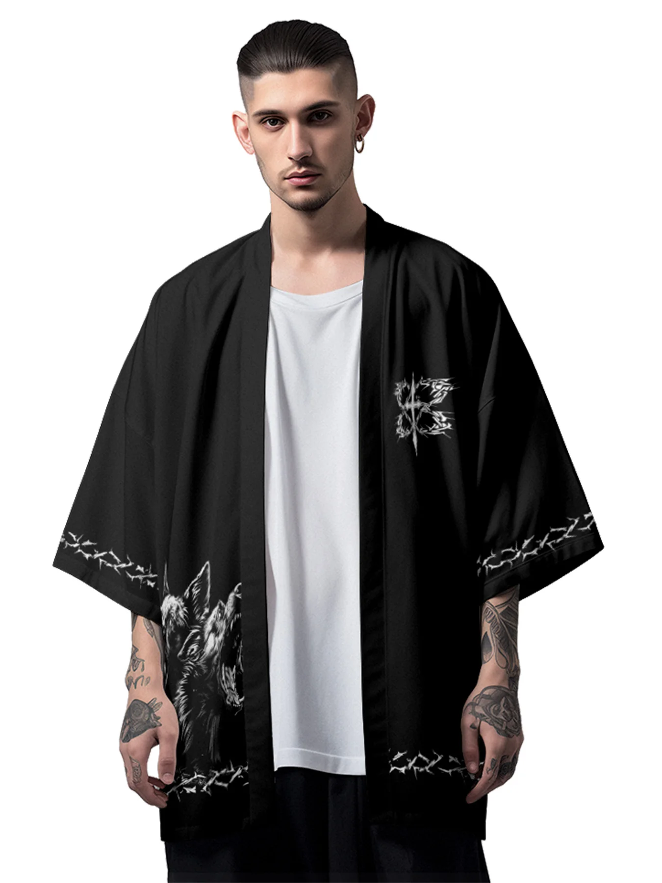 MiHaori-Kimono d'Été pour Homme et Femme, Chemise Hawaïenne Imprimée en 3D de Loup, Cardigan de Plage, Vêtements Japonais avec Lettres, Peignoir