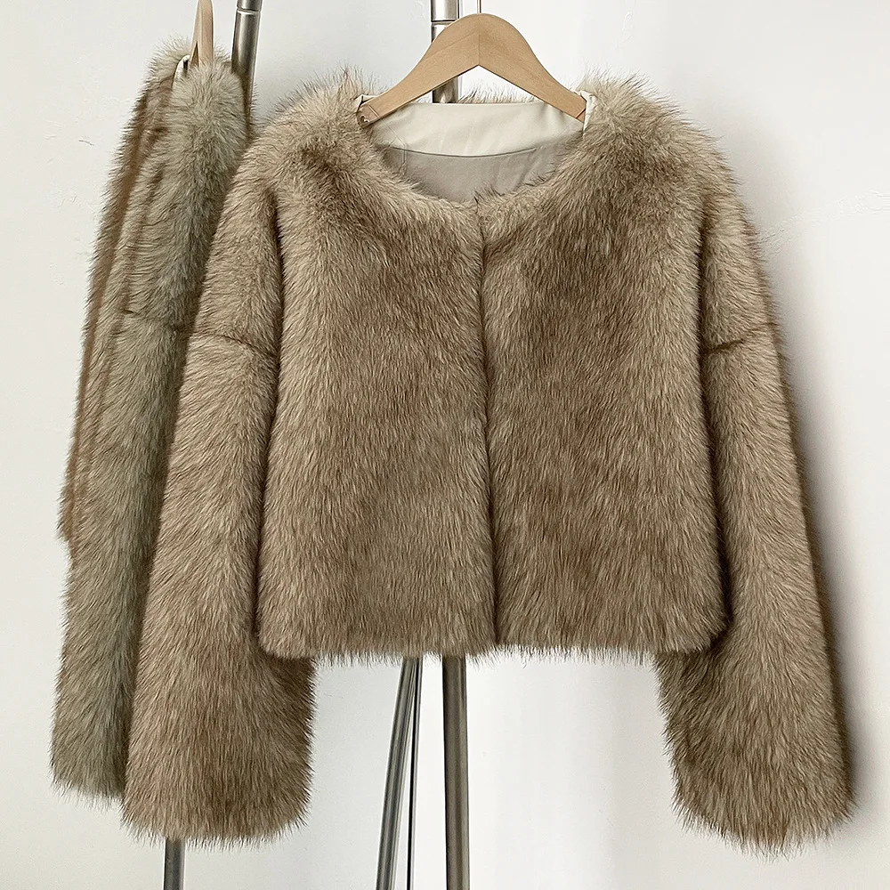 Lady's Fox Fur Coat  Winter Women's Eco Artificial Fur Coat Round Neck Spliced Female's Faux Fur Jacket Commuting Street