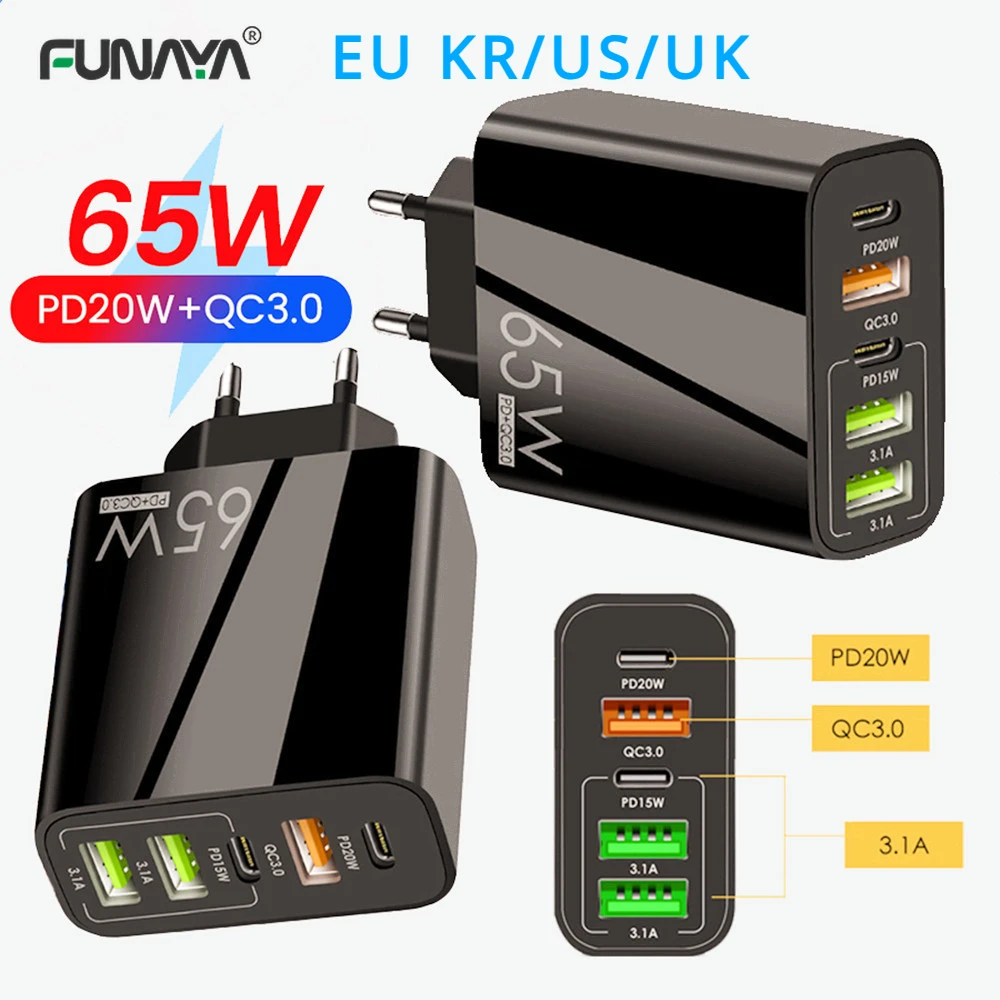 PD 65W Fast Charging Mobile Phone Charger 5V 4A US UK EU KR PD+3USB Multi Port Adapter Charging Head for Samsung Huawei