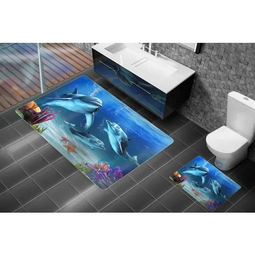 Design Dolphin Fish Underwater 3D Closet Set Bathroom Design Printed Velvety Texture On Short Pile Microfiber Fabric  Mats Set