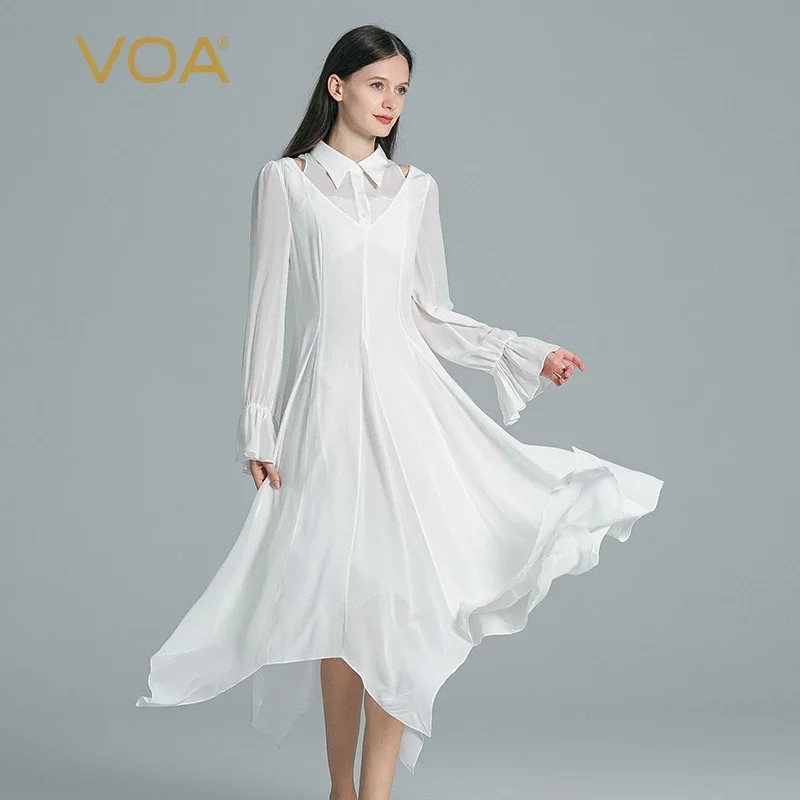 

VOA Gardenia Белые двухслойные шелковые платья с длинными рукавами и рогом, женские асимметричные качели с воротником-поло, оригинальное художественное платье, новинка AE1728