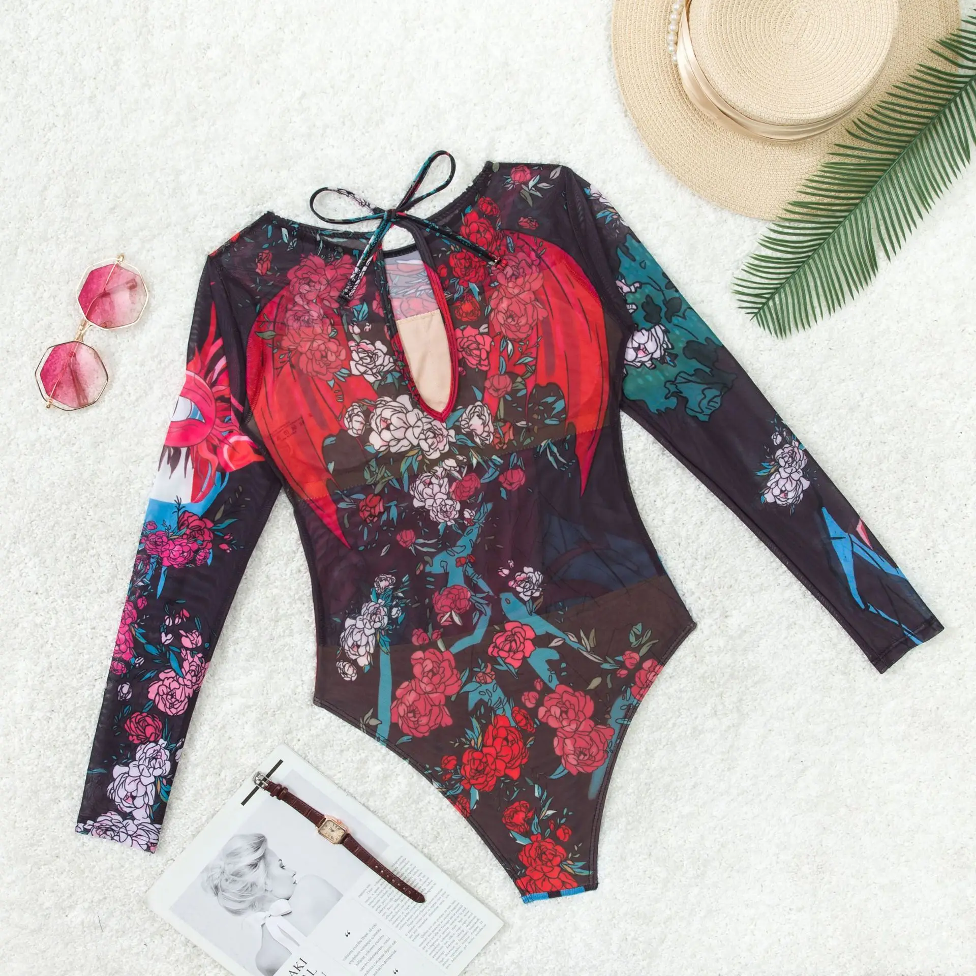Trajes de baño de una pieza de manga larga acolchados con cuello redondo y estampado retro para mujer Trajes de baño de corte alto Traje de baño Body
