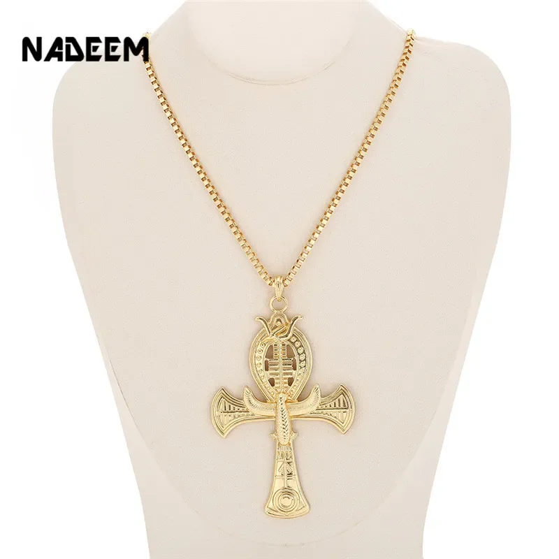 Ancient Ankh Cross Of Horus Egyptian Jewelry Male Eagle & Snake Design Pendant Necklace Gold-Color Hip Hop Chain Necklace Men