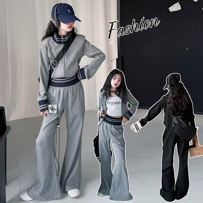 

teen girls sports clothes set Retro Stripe Splicing Round Neck Coat+Casual Pants 2pcs junior kid tracksuit suit child outfits 14