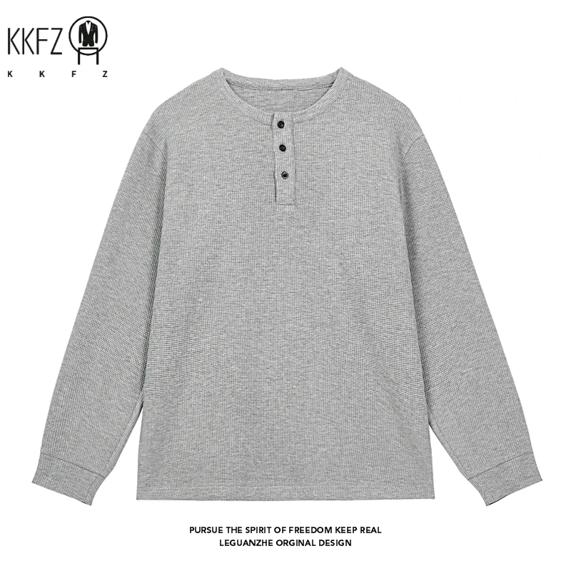 Autumn Basic Long Sleeve Pullover Men Round Neck Waffle Knit Button Notch Easy Matching Daily Street Fashion Apparel