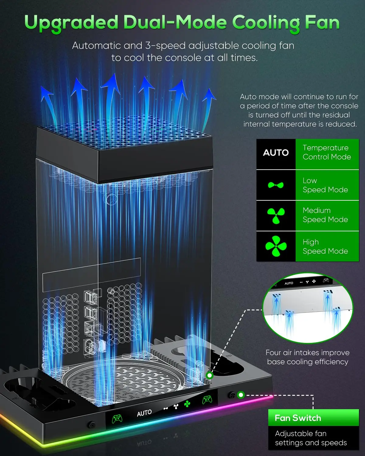 Ipega Cooling Fan & Charge Stand Accessories for Xbox Series X Console with 15 Light Modes, Wireless Dual Charging Dock for XSX