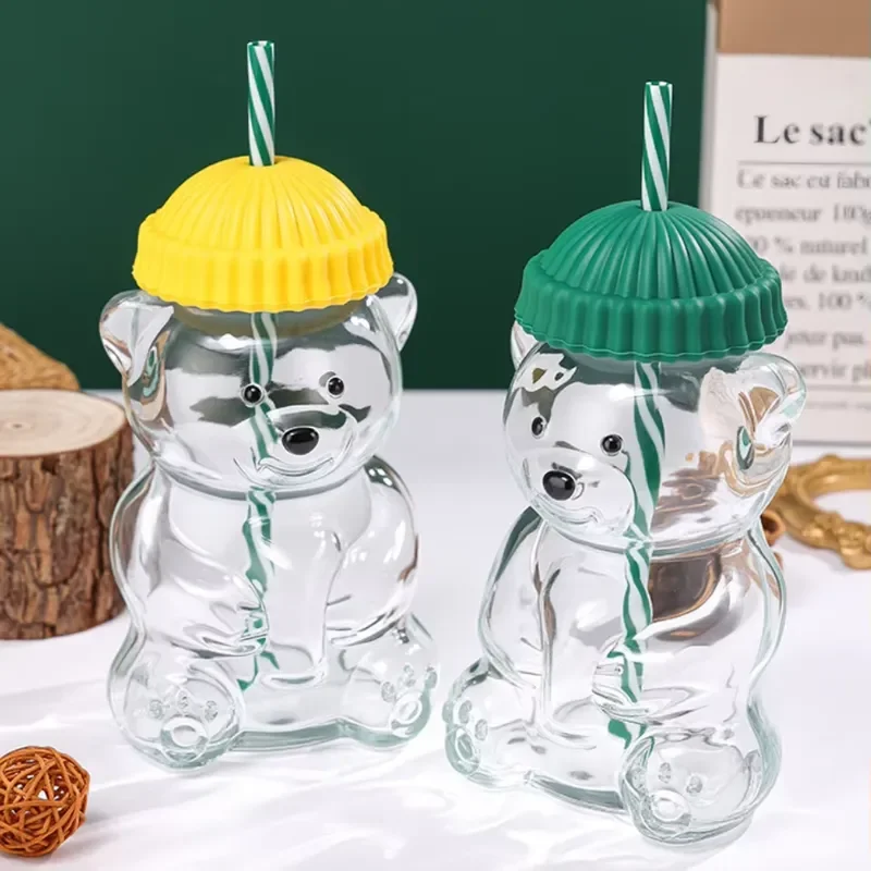 20oz Cute Bear Glass Cup for Smoothies Boba Iced Coffee with Reusable Straw Animal Design