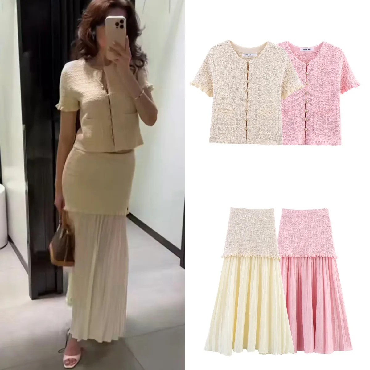 

LIBIELIY New Women's Layered Round Neck Short Sleeve Knit Jacket & Stitched Pleated Hem High Waist Knit Skirt Suit
