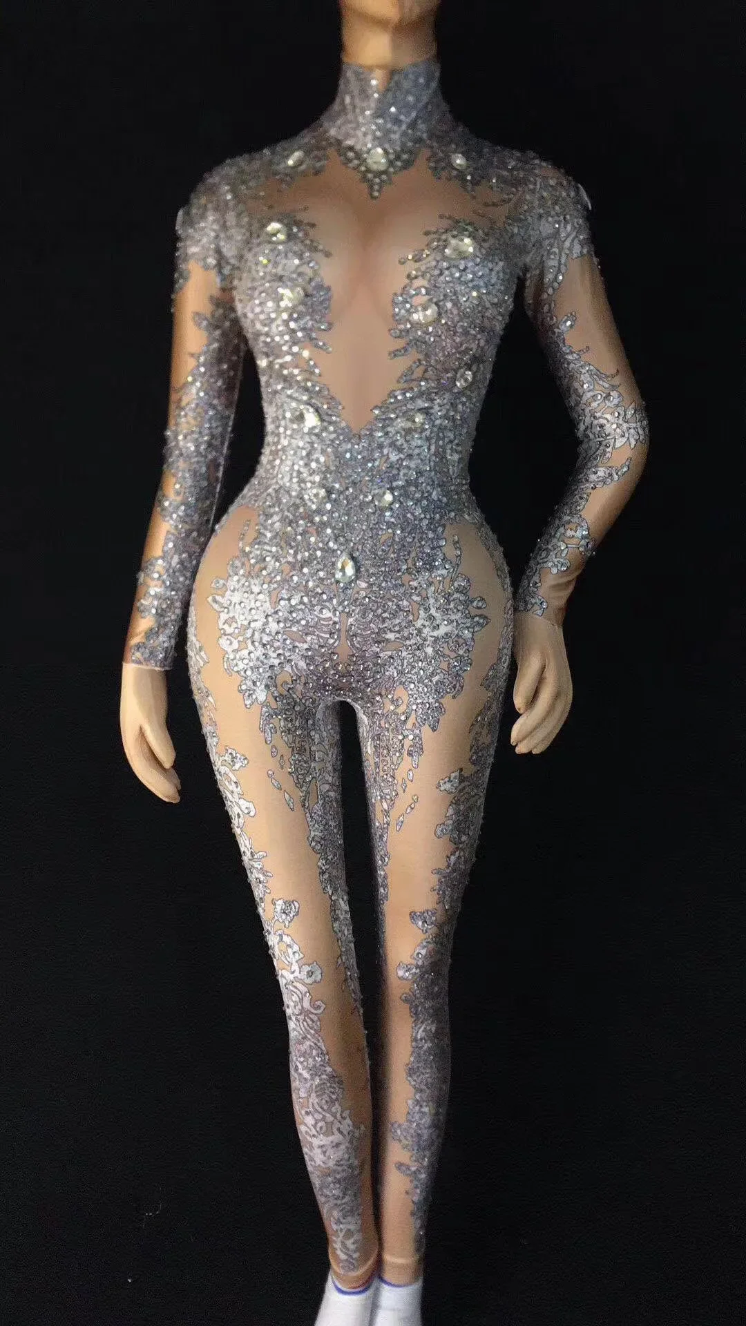 

Women Nude Sparkling Diamonds Skinny Bodysuits Acrobatic Jumpsuits Pole Dancing Costumes