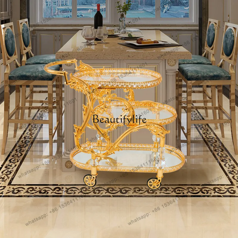 56European hotel crystal column metal two or three layers glass plated gold wedding wine cart