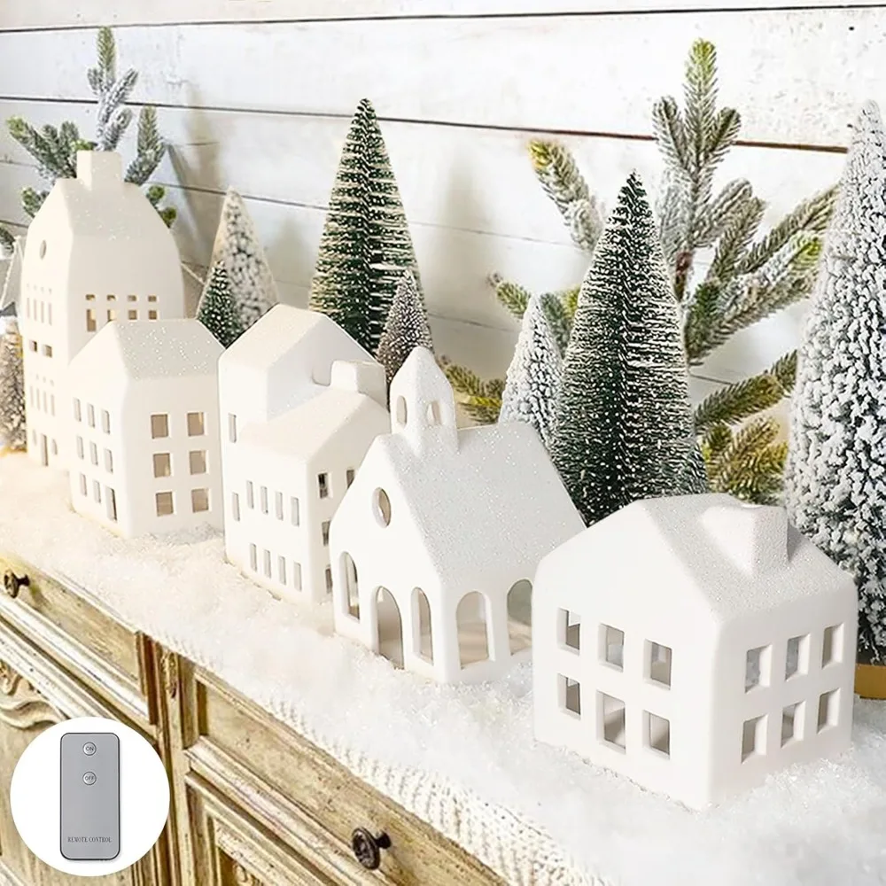 Christmas Decorations Indoor - Christmas Village Sets of 5 Lighted Ceramic Houses with Remote Control 9Trees for Home Table Room