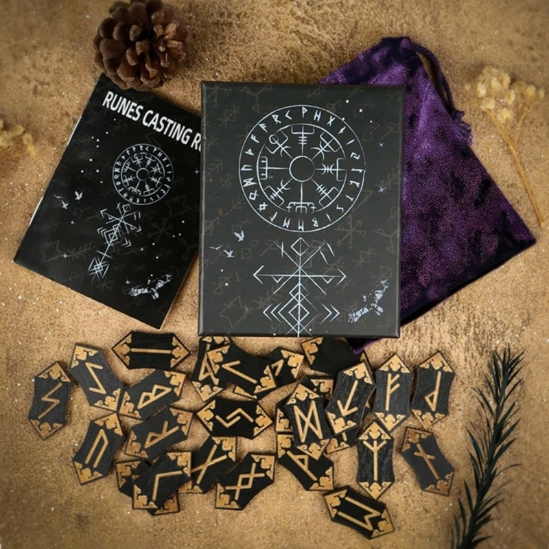 Handmade Wooded Runes Set Witch Runes Engraved Magicals Symbol 24Piece Nordic Runes Card and 1Piece Storage Bag for Divination