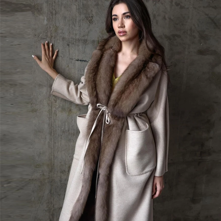 Cashmere vera pelliccia di volpe collo cappotto abbigliamento donna 2024 nuovi arrivi miscele di lana cappotto lungo giacca invernale calda