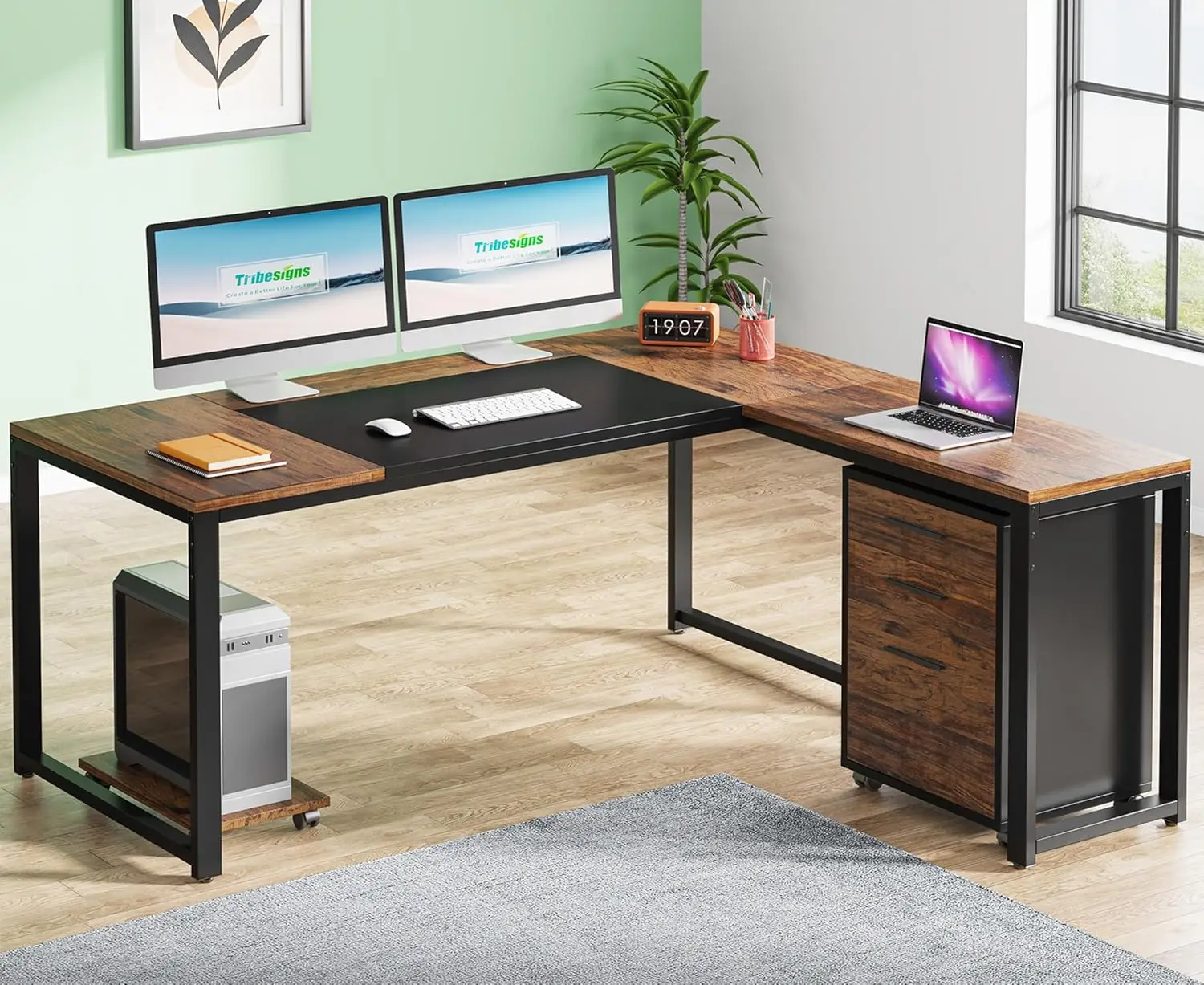 

63" L-Shaped Computer Desk w/ Mobile File Cabinet, Large Executive Office Desk 3-Drawer for Home Office
