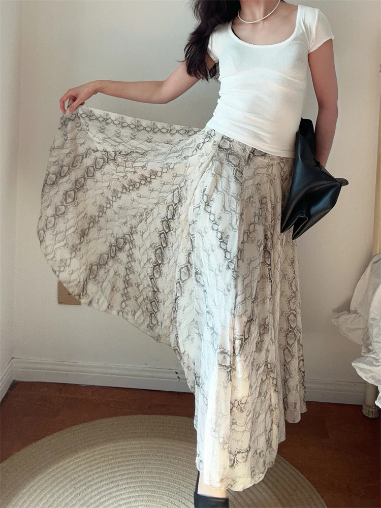 DADANA Holiday Feel High-End Snake Print Drifting Asymmetrical Midi Skirt Women's Fluffy Long Skirt Commute Vintage Polyester...