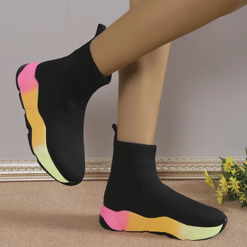 Shoes Women Large Size Fashion Winter Short Tube Flat Socks Boots Round Head Mid-heel Sleeve Sneakers for Women Vulcanized Shoes