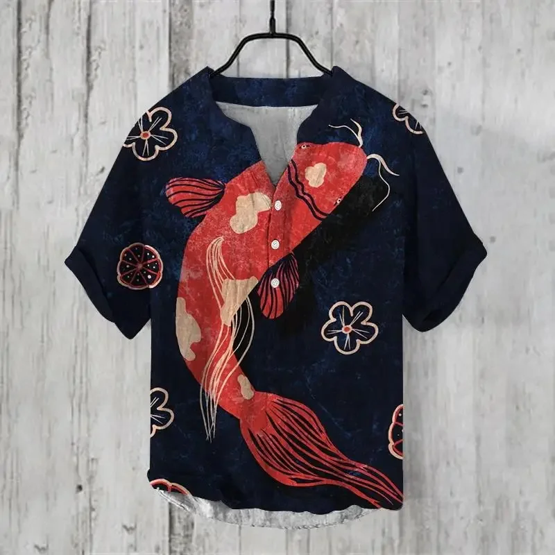 Ukiyo-e street trend men's high-end printed linen short sleeved summer thin vintage V-neck half sleeved loose casual top