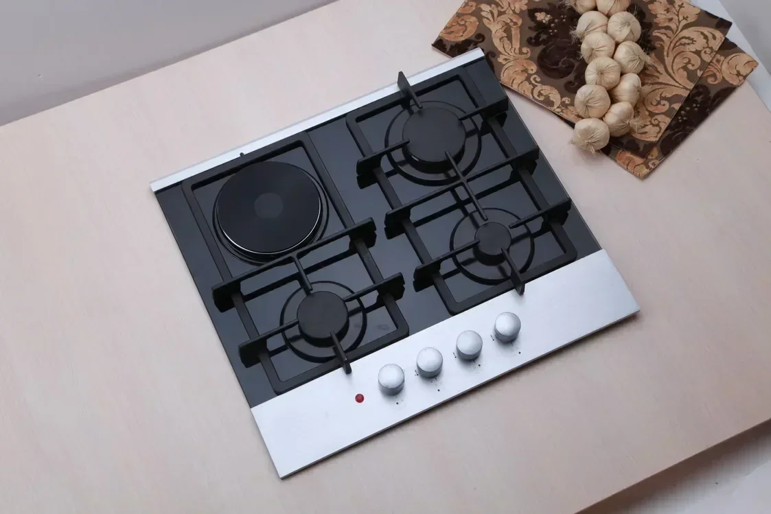 Quemador de gas Estufa de cocina 4 quemadores Horno Parrilla Cocina de gas con 3 quemadores de gas 1 placa eléctrica Placas de vidrio integradas