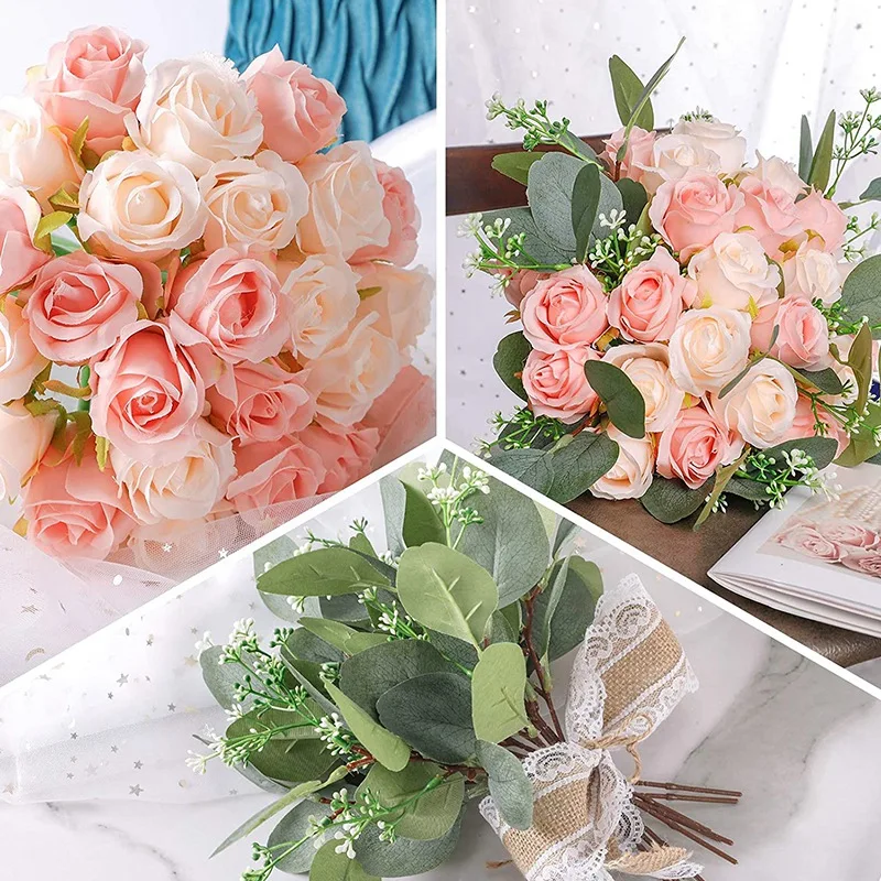 17Pcs Artificial Rose Flowers 12 Silk Flowers Rose and 5 Artificial Eucalyptus Leaves Stems in Bulk for Wedding Party