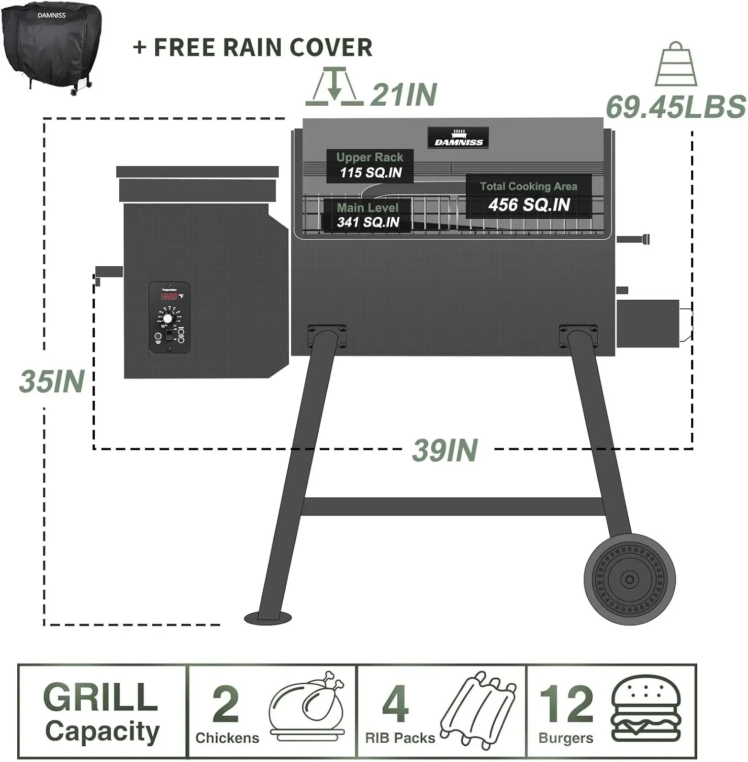 Wood Pellet Grill & Smoker 8-in-1 Pellet Grill with Automatic Temperature Control, & Rain Cover 456 Sq. in Area for Backyard