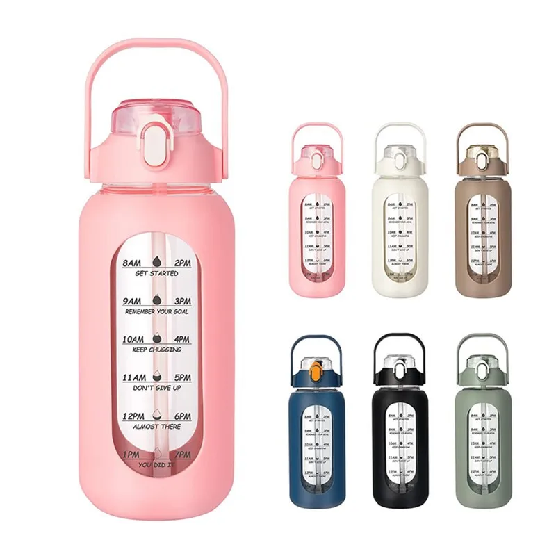 1000ml High-Capacity Glass Water Bottle Straw Portable Glass Bottles With Silicone Sleeve Time Marker For Gym Camping Office