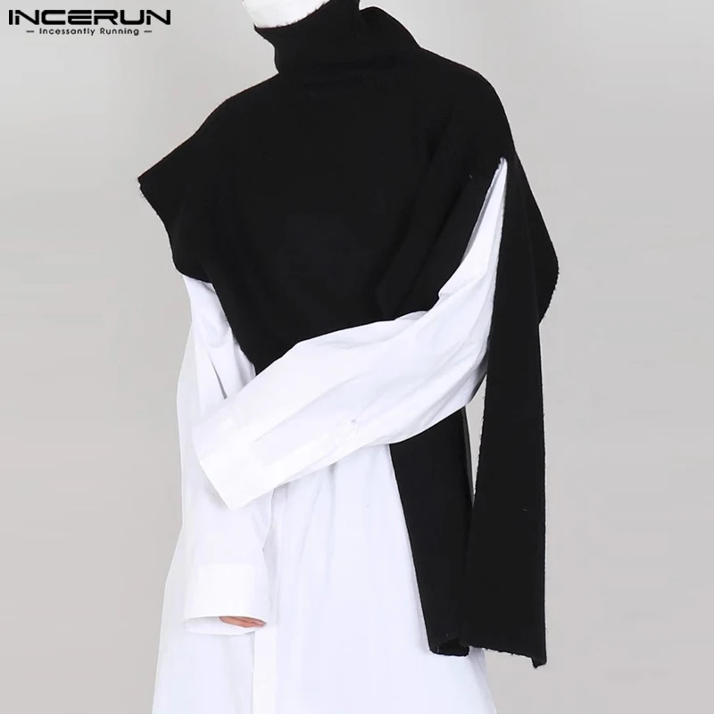 INCERUN Men Irregular Sweaters Solid Color Turtleneck Casual Cape Cloak Streetwear 2024 Fashion Male Crop Pullovers S-5XL