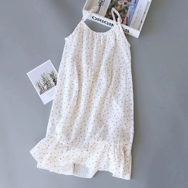 Women's 100% Cotton Crepe Gauze Nightgown Floral Sleeveless Spaghetti Strap Knee-Length Summer Home Sleep Dress M-XL - view 2